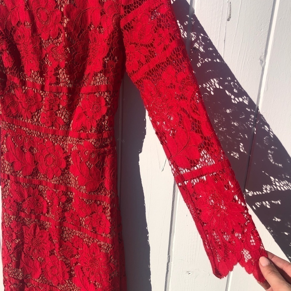 For Love & Lemons Rosetta Open Back Long Sleeve Red Lace High Neck - Picture 5 of 11